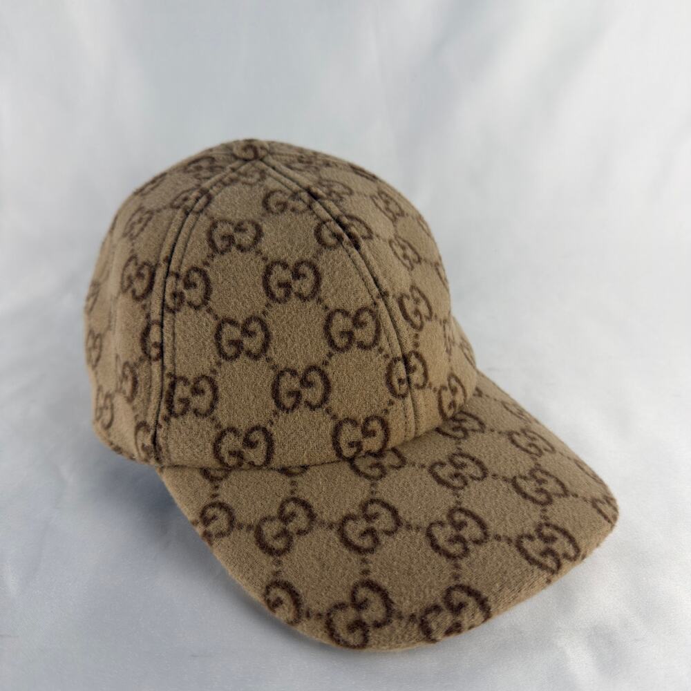 Gucci Jumbo GG Monogram Wool Felt Baseball Cap Beige Brown Size Medium 57cm